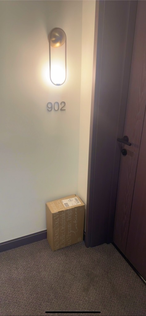 Package delivered outside an apartment door in a residential hallway