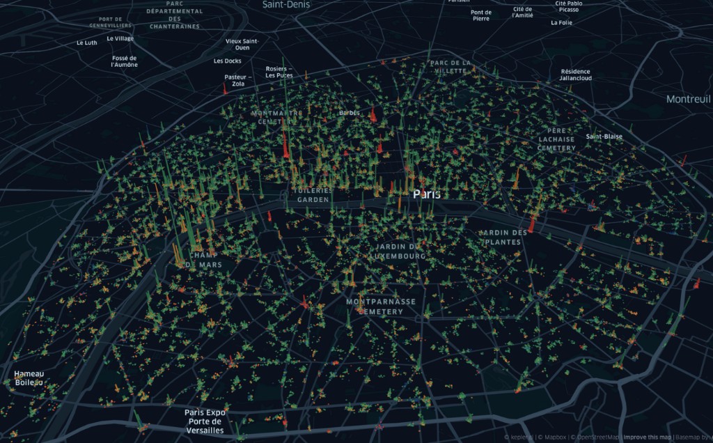 3D map of Paris with coloured bars showing density and quality of micromobility parking events