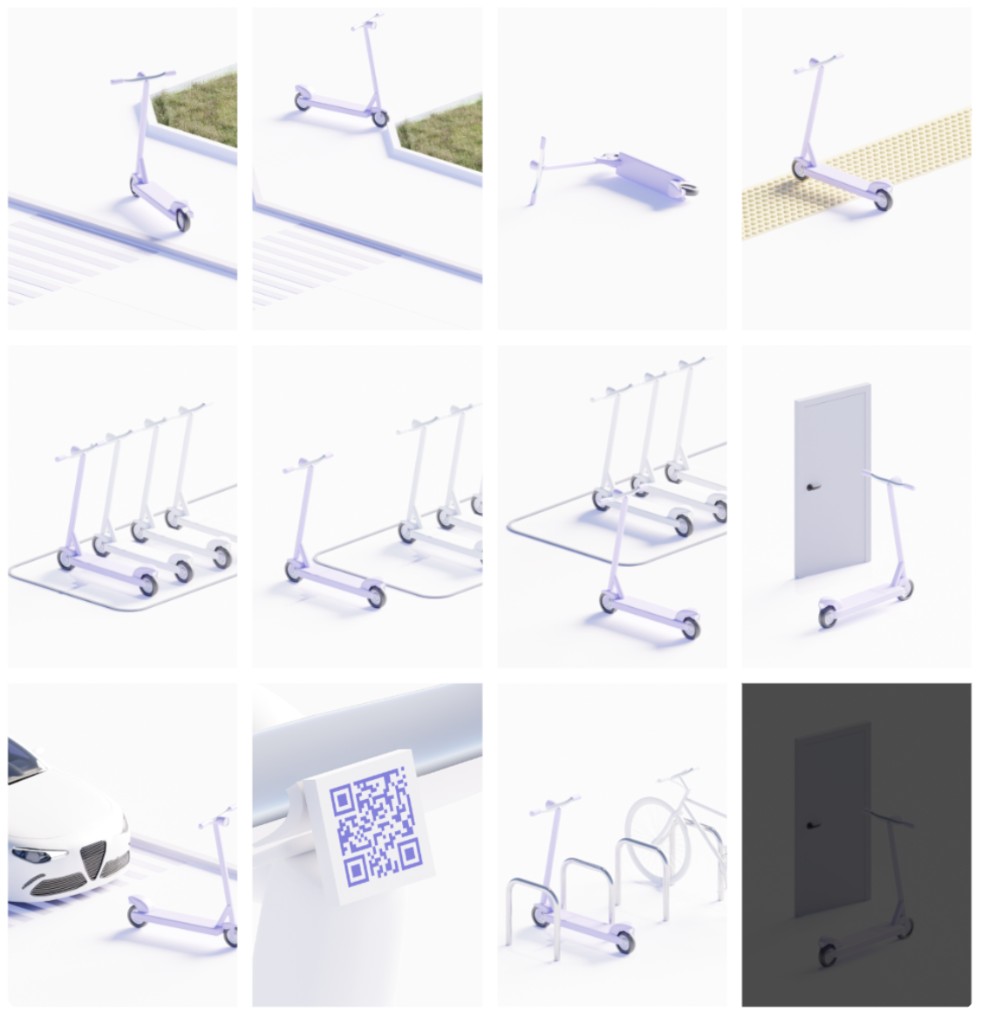 Twelve illustrated panels showing example parking scenarios including bays, racks, road and pavement placement, tipped scooters, tactile paving obstruction, and poor photo framing